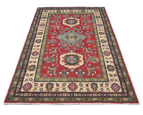 4x6 Red Kuba Afghan Hand Knotted Wool Area Rug